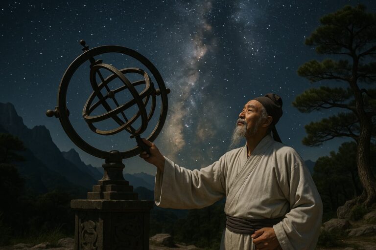 Savant chinois sous un ciel étoilé, observant le cosmos avec un astrolabe traditionnel.