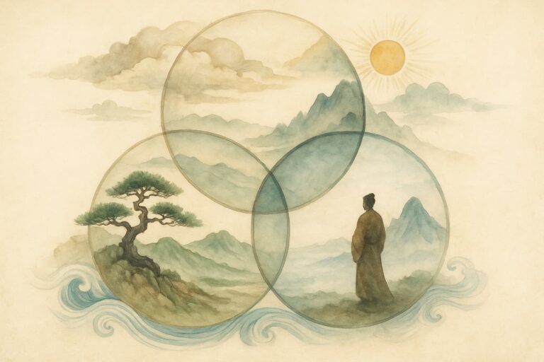 Illustration symbolique de trois sphères reliées représentant le Ciel, la Terre et l’Homme dans une atmosphère contemplative.