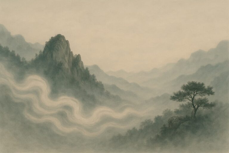 Paysage brumeux de montagnes chinoises évoquant le souffle du Qi dans un style sobre et poétique.