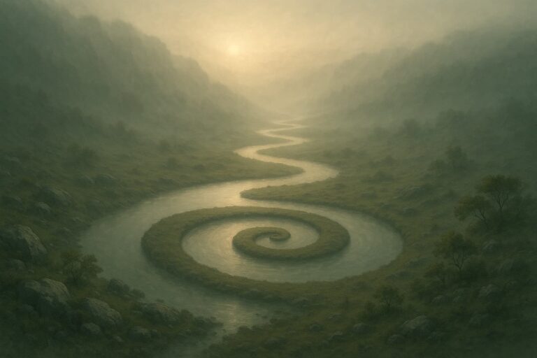 Chemin circulaire sur un lac au lever du soleil, suggérant l’harmonie taoïste.