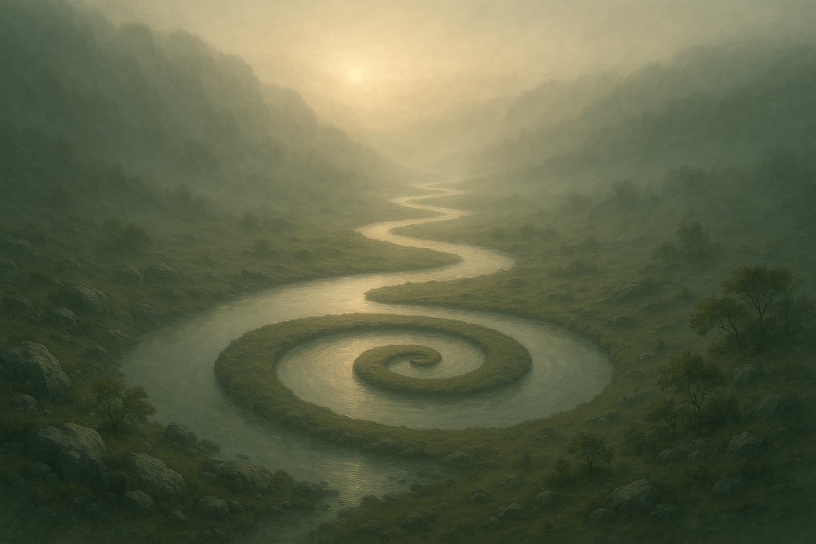 Chemin circulaire sur un lac au lever du soleil, suggérant l’harmonie taoïste.
