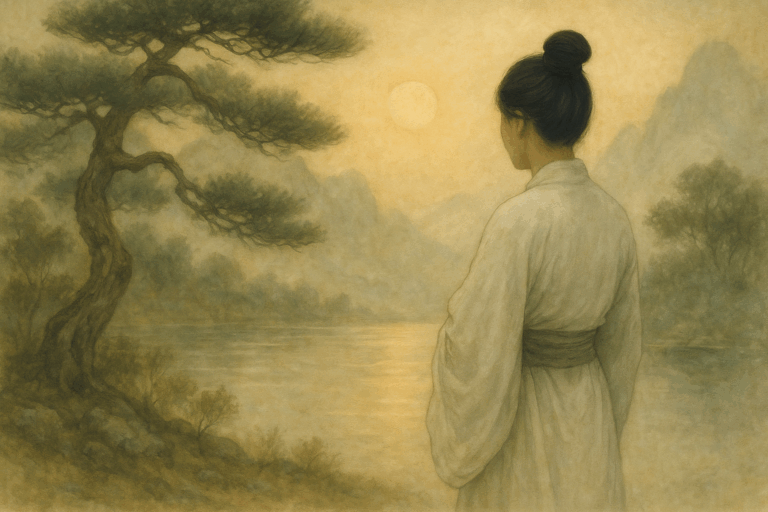 Femme de dos en pleine nature, les bras ouverts, entourée de lumière douce et de végétation, symbolisant l’harmonie du corps et du souffle dans une perspective taoïste.